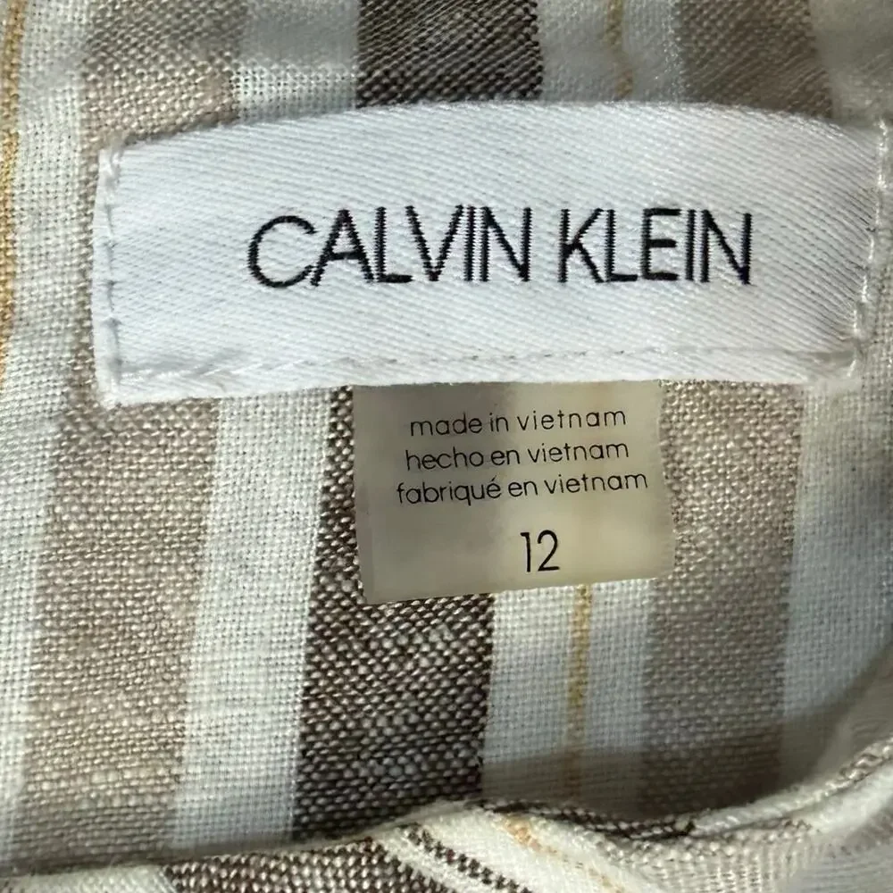 Calvin Klein White Beige Mock Neck Pinstripe Linen Blend Cropped Jumpsuit sz 12 - Picture 3 of 16